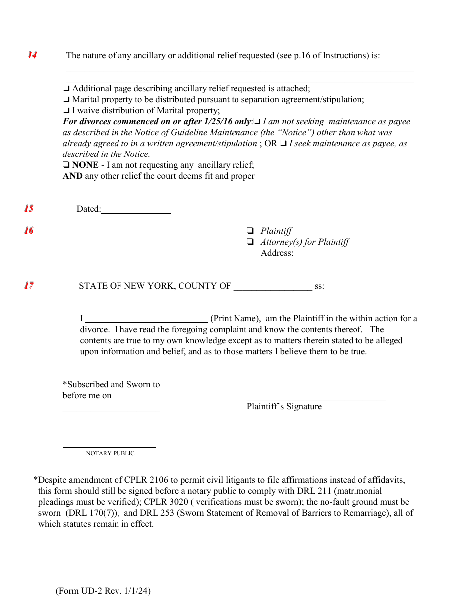 Form UD-2 Verified Complaint Action for Divorce - New York, Page 5