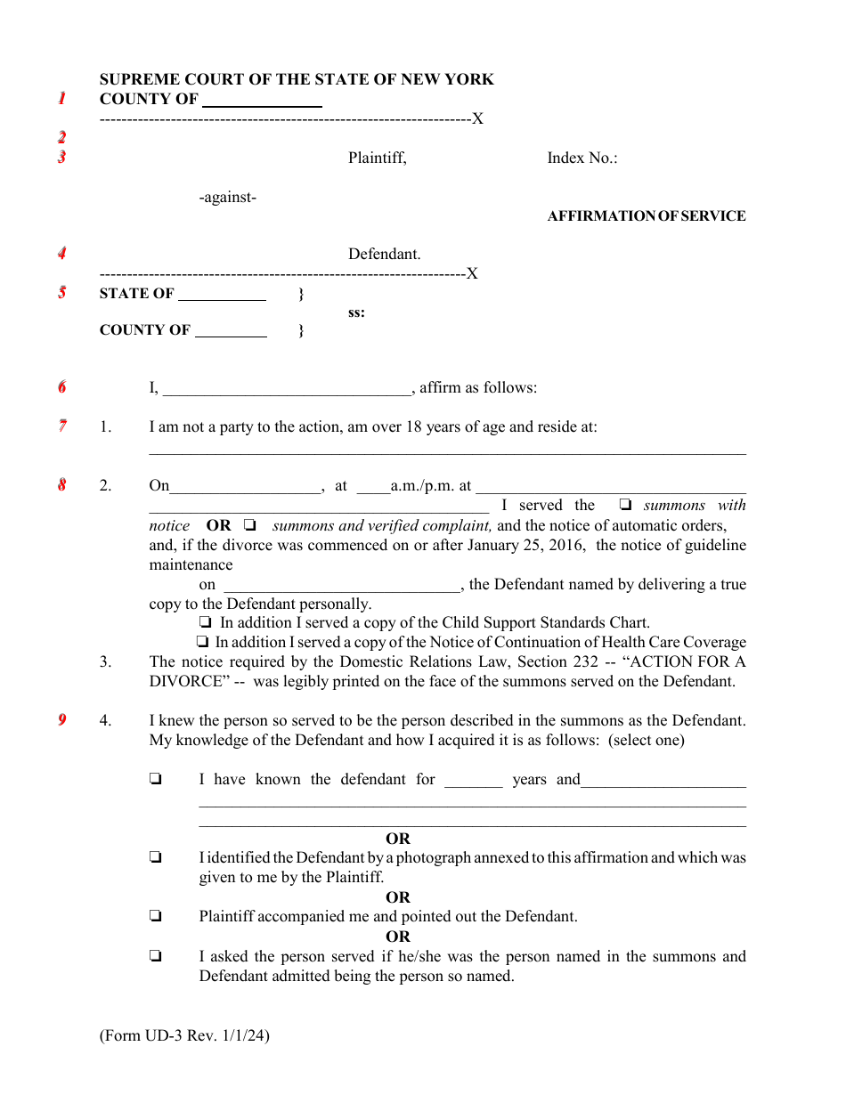Form UD-3 Affirmation of Service - New York, Page 1