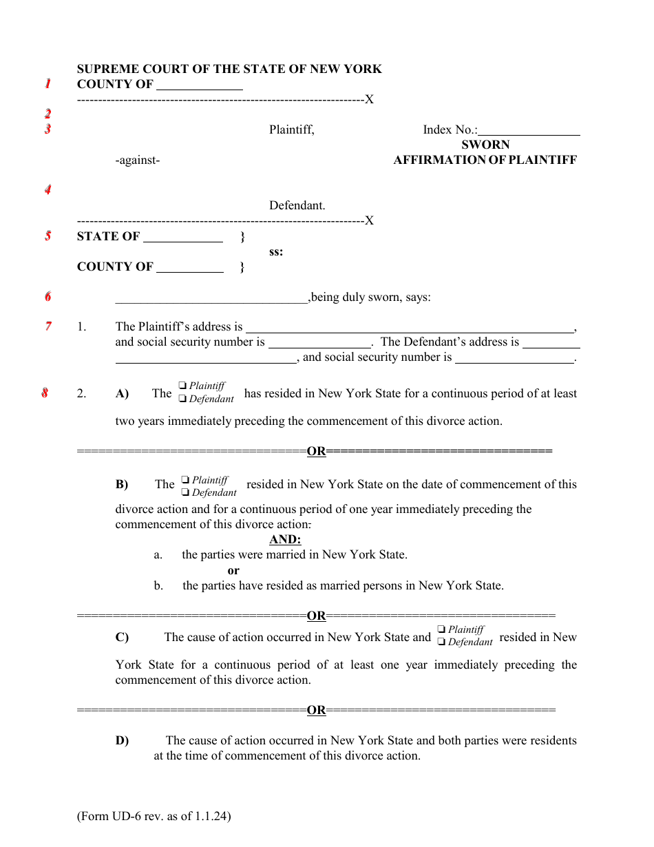 Form UD-6 Sworn Affirmationof Plaintiff - New York, Page 1