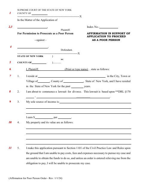 Affirmation in Support of Application to Proceed as a Poor Person - New York Download Pdf