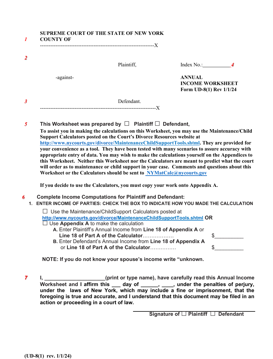 Form UD-8(1) Annual Income Worksheet - New York, Page 1