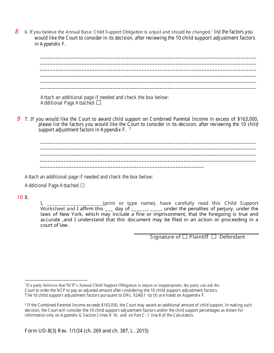 Form UD-8(3) Child Support Worksheet - New York, Page 2