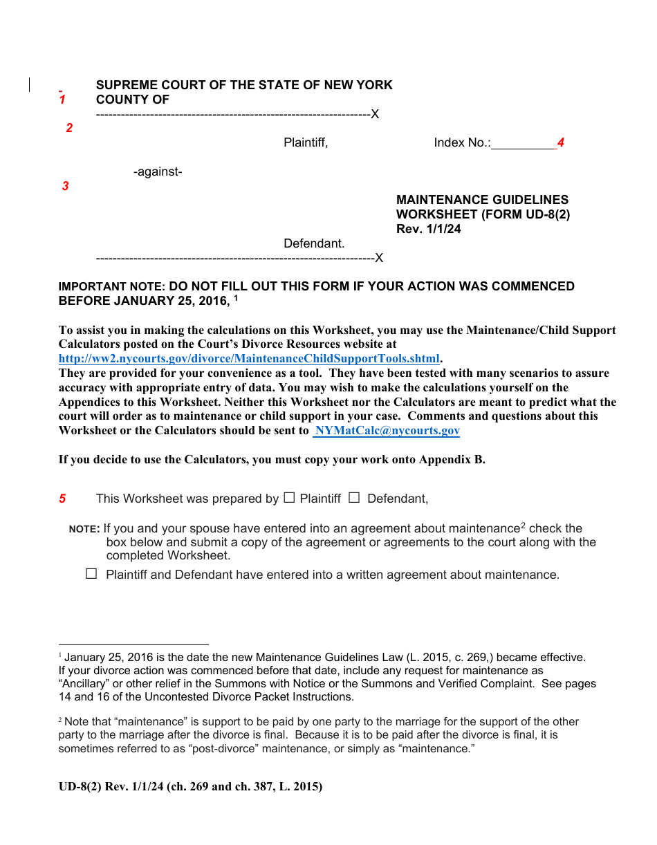 Form UD-8(2) Maintenance Guidelines Worksheet - New York, Page 1