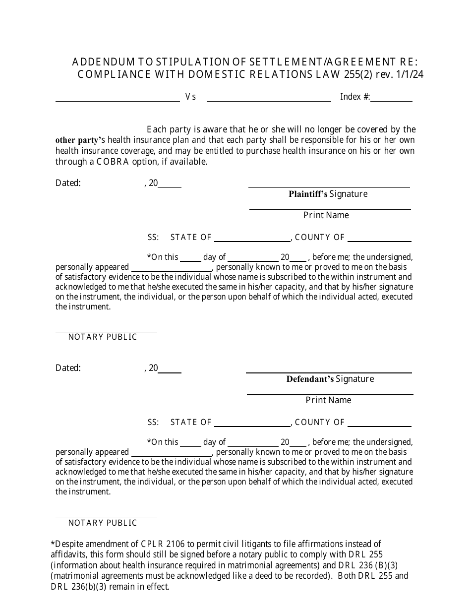 Addendum to Stipulation of Settlement / Agreement Re: Compliance With Domestic Relations Law 255(2) - New York, Page 1