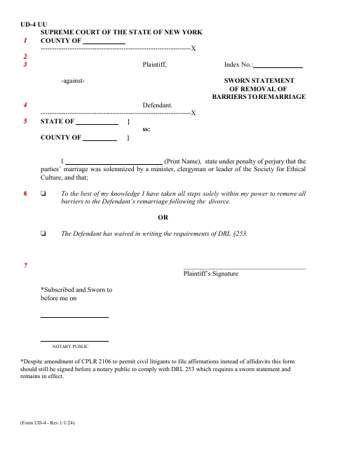 Form UD-4 (UD-4A) Sworn Statement of Removal of Barriers to Remarriage - New York