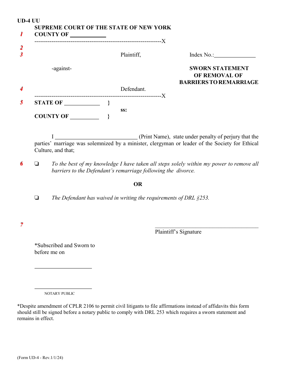 Form UD-4 (UD-4A) Sworn Statement of Removal of Barriers to Remarriage - New York, Page 1