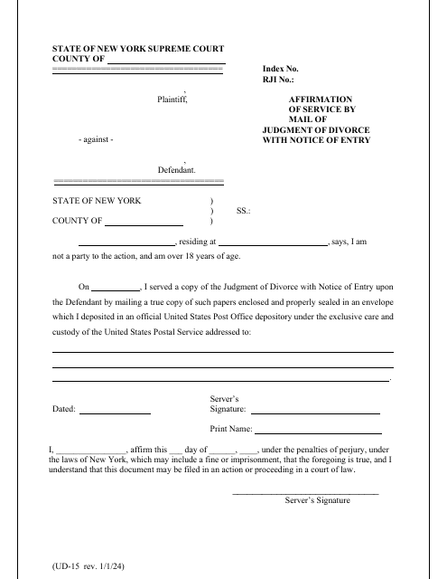 Form UD-15 Affirmation of Service by Mail of Judgment of Divorce With Notice of Entry - New York