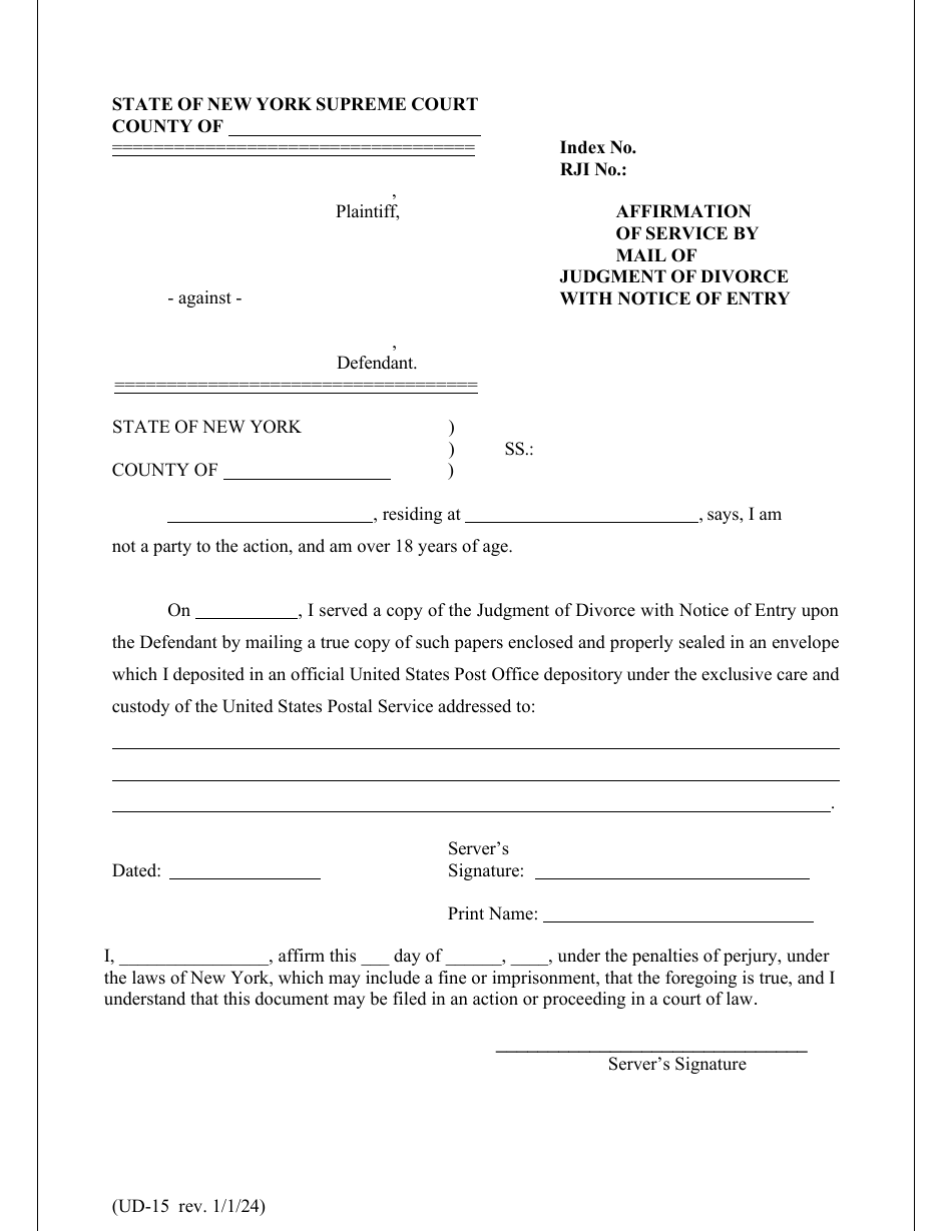 Form UD-15 Affirmation of Service by Mail of Judgment of Divorce With Notice of Entry - New York, Page 1