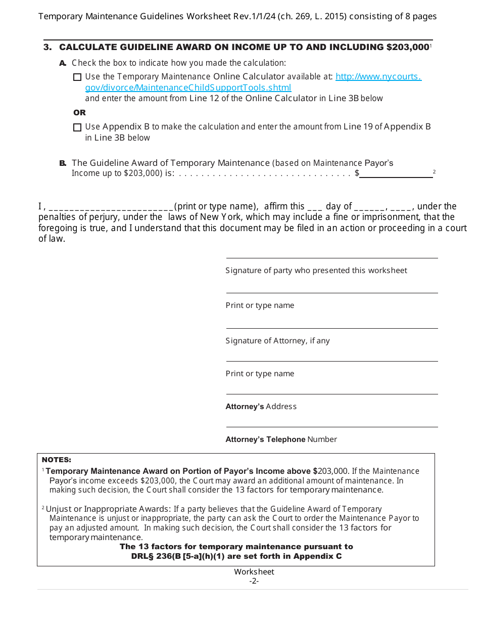 Temporary Maintenance Guidelines Worksheet - New York, Page 2