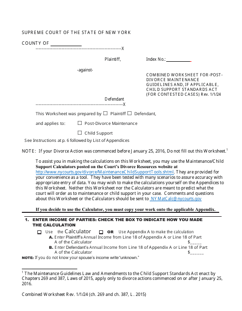 Combined Worksheet for-Postdivorce Maintenance Guidelines and, if Applicable, Child Support Standards Act (For Contested Cases) - New York Download Pdf