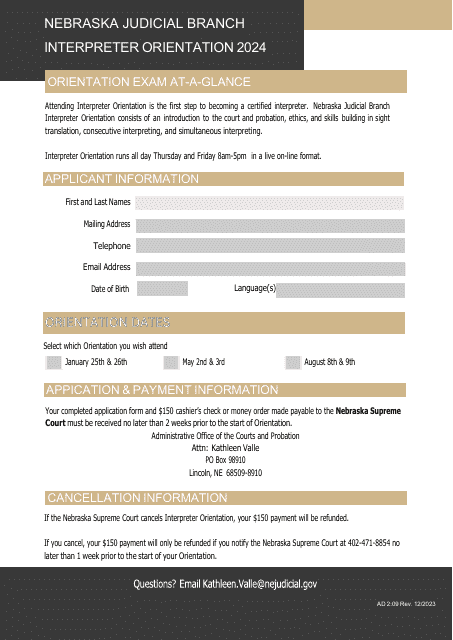 Form AD2:09 Interpreter Orientation Registration Form - Nebraska, 2024