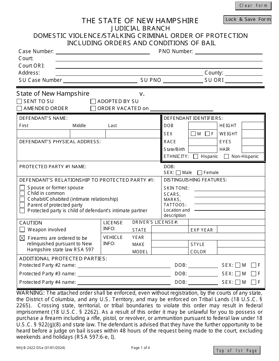Form NHJB-2422-DSE Domestic Violence / Stalking Criminal Order of Protection Including Orders and Conditions of Bail - New Hampshire, Page 1