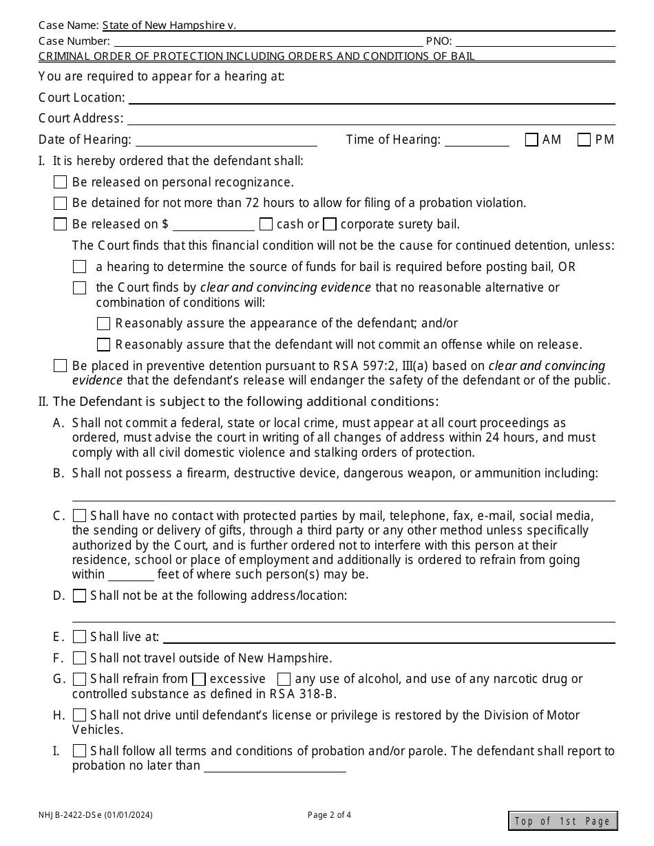 Form NHJB-2422-DSE Domestic Violence / Stalking Criminal Order of Protection Including Orders and Conditions of Bail - New Hampshire, Page 2