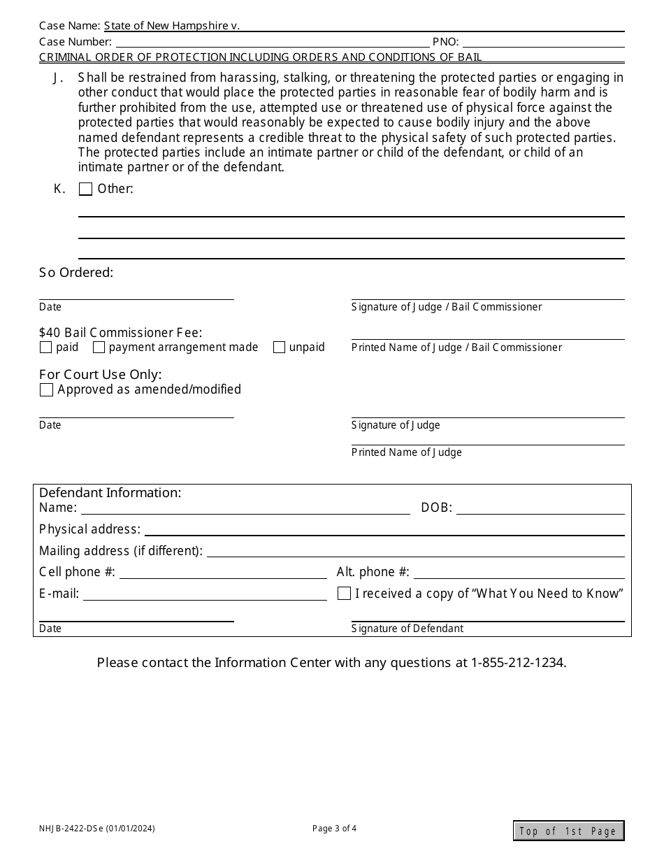 Form NHJB-2422-DSE Domestic Violence / Stalking Criminal Order of Protection Including Orders and Conditions of Bail - New Hampshire, Page 3