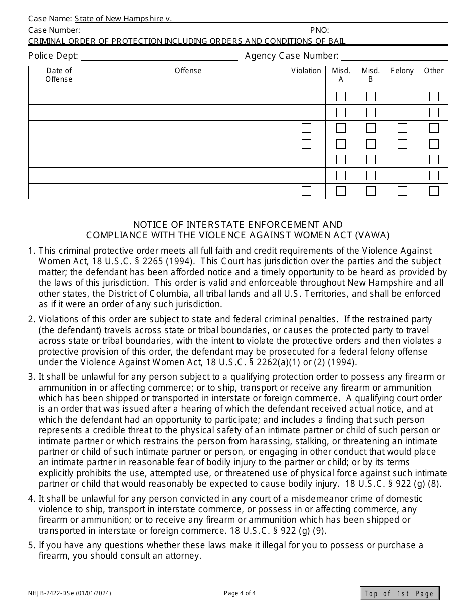 Form NHJB-2422-DSE Domestic Violence / Stalking Criminal Order of Protection Including Orders and Conditions of Bail - New Hampshire, Page 4