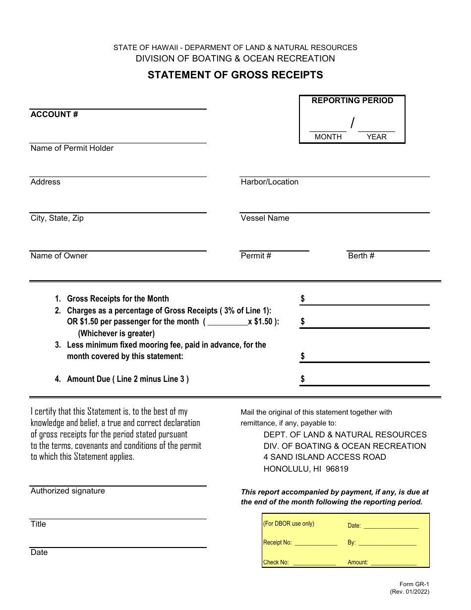 Form GR-1 Statement of Gross Receipts - Hawaii, Page 1