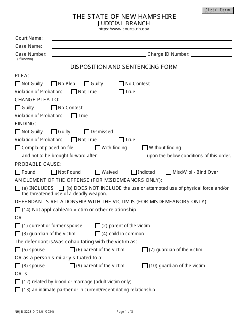 Form NHJB-3228-D Disposition and Sentencing Form - New Hampshire