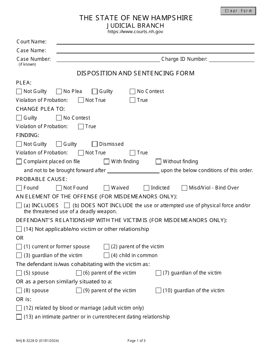 Form NHJB-3228-D Disposition and Sentencing Form - New Hampshire, Page 1