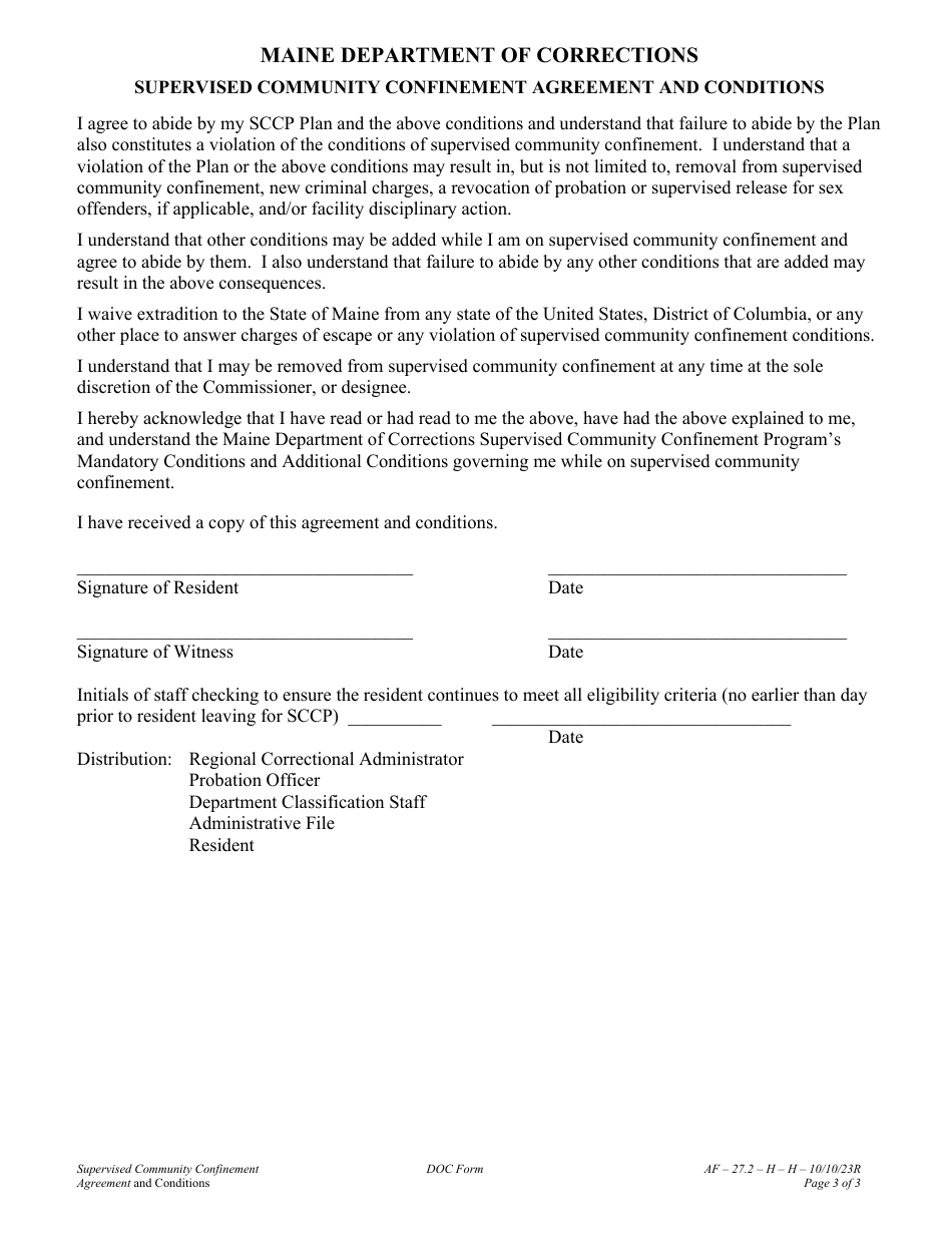 Attachment H Supervised Community Confinement Agreement and Conditions - Maine, Page 3