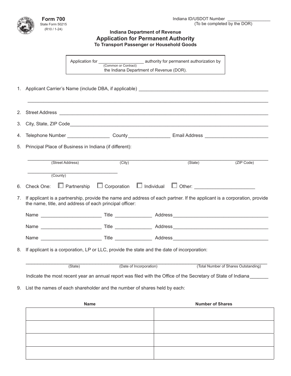 Form 700 (State Form 50215) Application for Permanent Authority to Transport Passenger or Household Goods - Indiana, Page 1