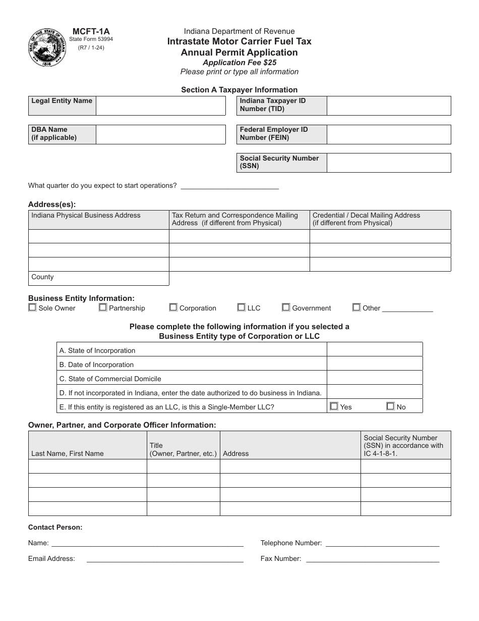 Form MCFT-1A (State Form 53994) Intrastate Motor Carrier Fuel Tax Annual Permit Application - Indiana, Page 1