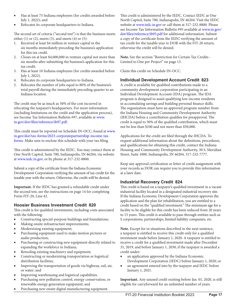 Instructions for Form FIT-20, State Form 44623 - Indiana, Page 17
