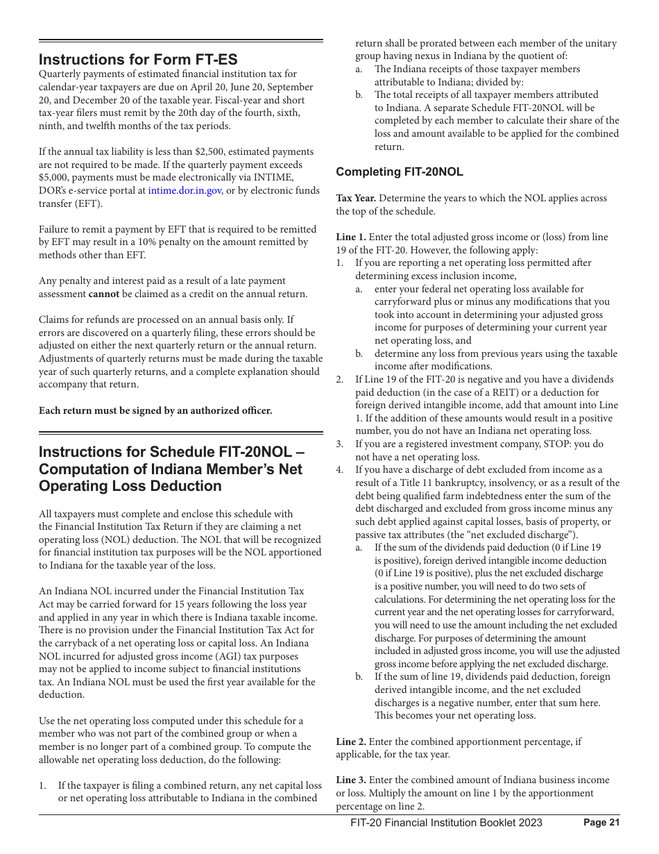 Instructions for Form FIT-20, State Form 44623 - Indiana, Page 21