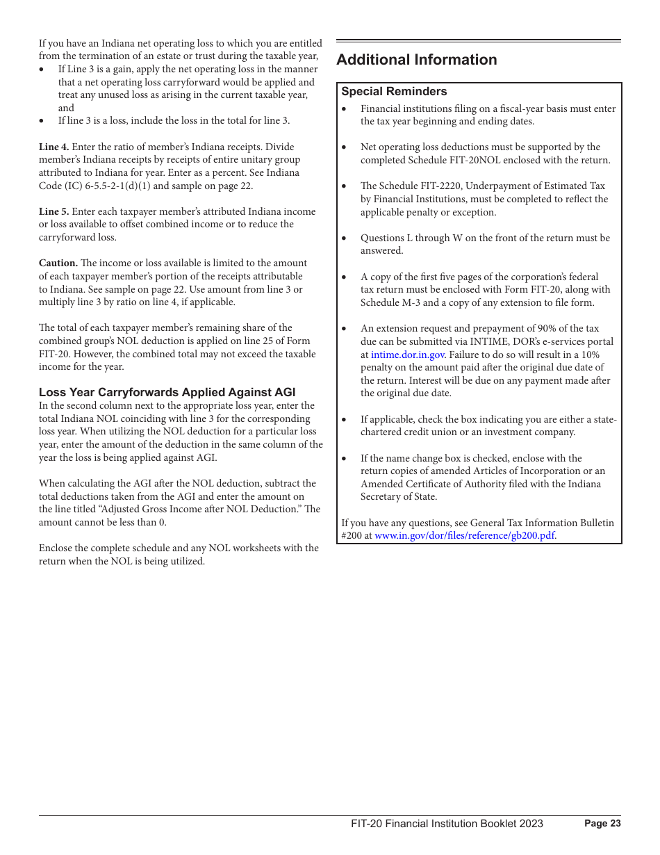 Instructions for Form FIT-20, State Form 44623 - Indiana, Page 23