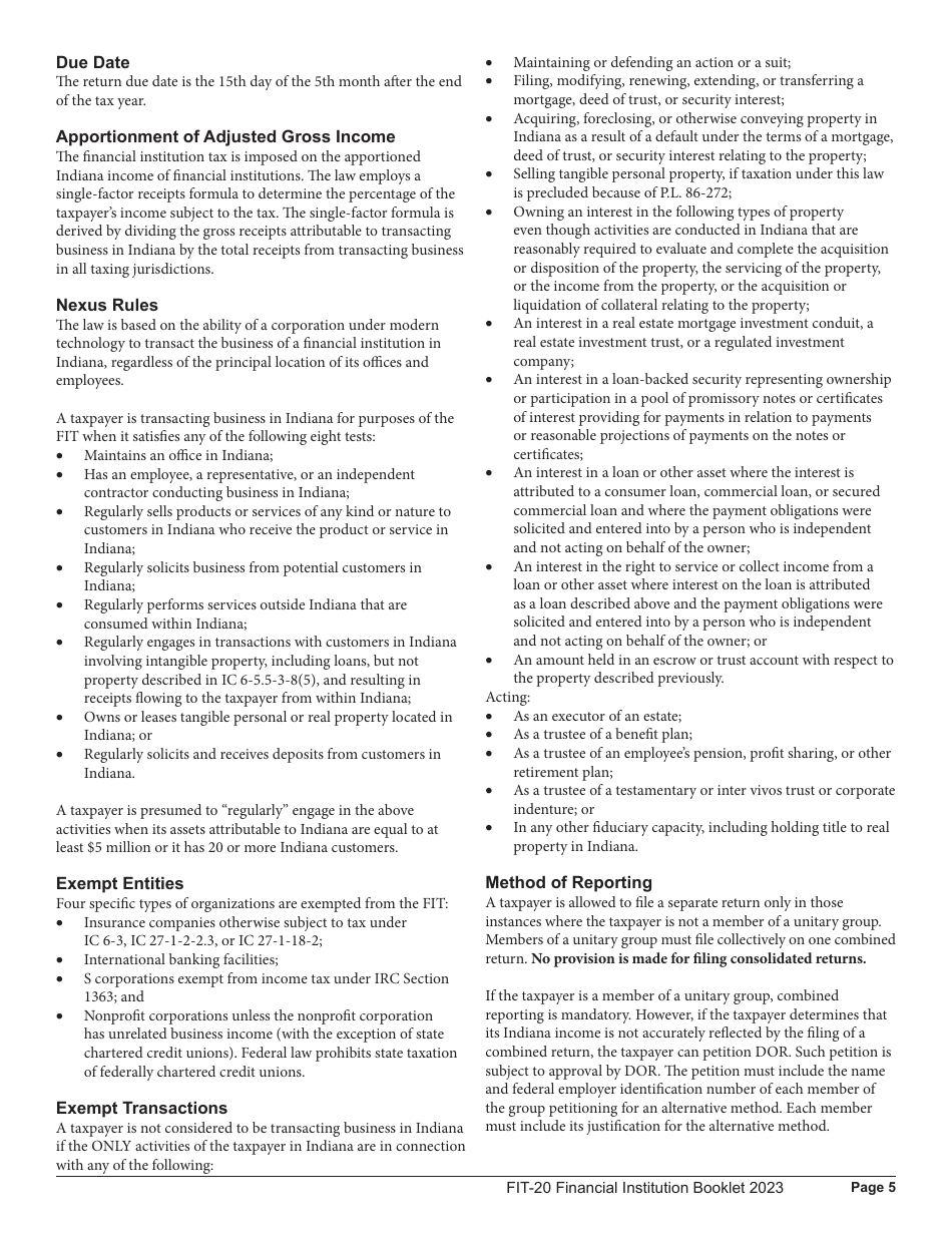 Instructions for Form FIT-20, State Form 44623 - Indiana, Page 5