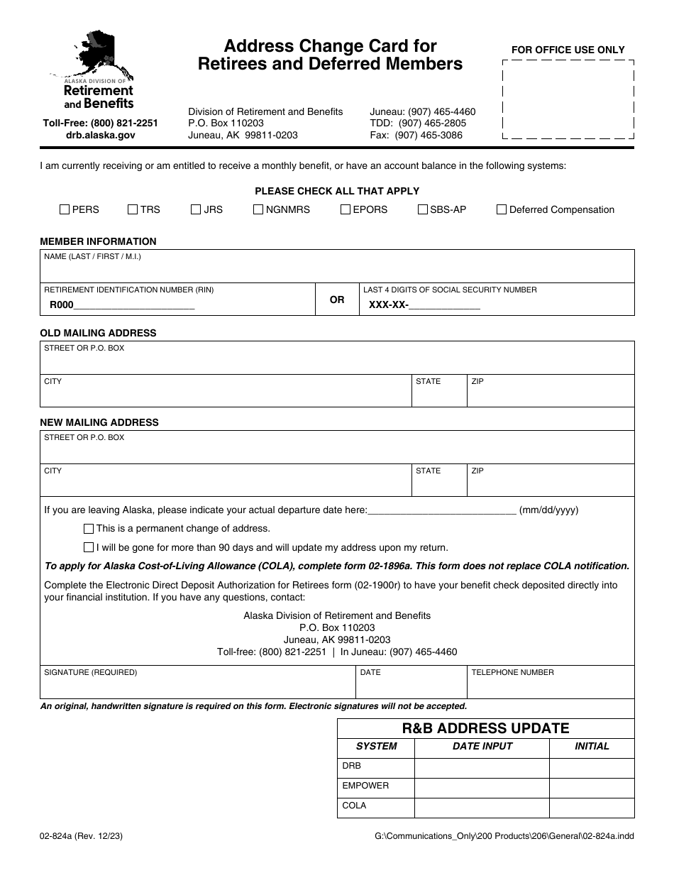 Form 02-824A Address Change Card for Retirees and Deferred Members - Alaska, Page 1