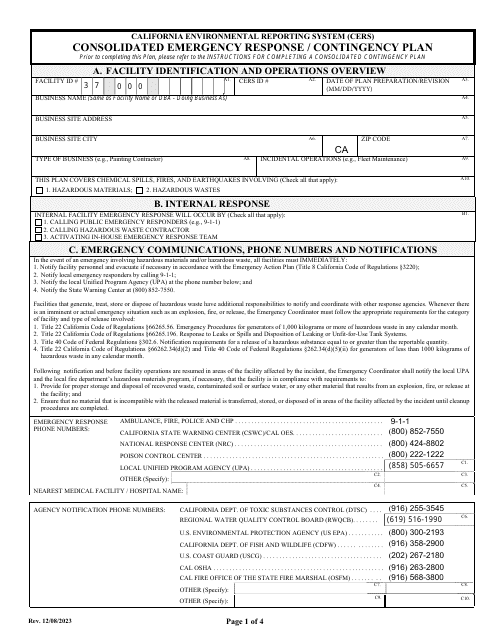 Consolidated Emergency Response / Contingency Plan - California Environmental Reporting System (Cers) - California Download Pdf