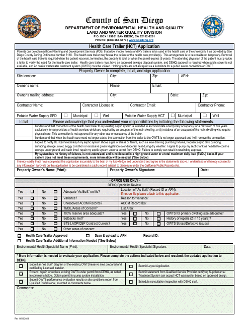 Health Care Trailer (Hct) Application - County of San Diego, California Download Pdf
