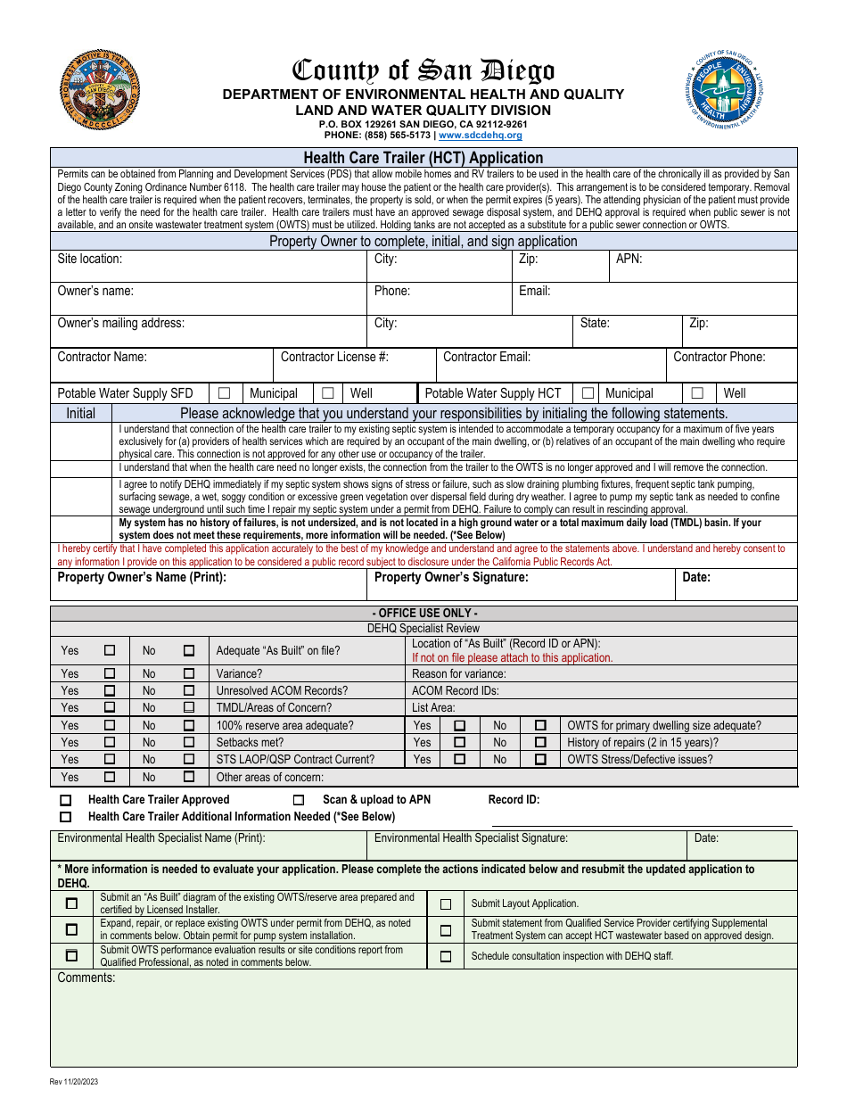 Health Care Trailer (Hct) Application - County of San Diego, California, Page 1