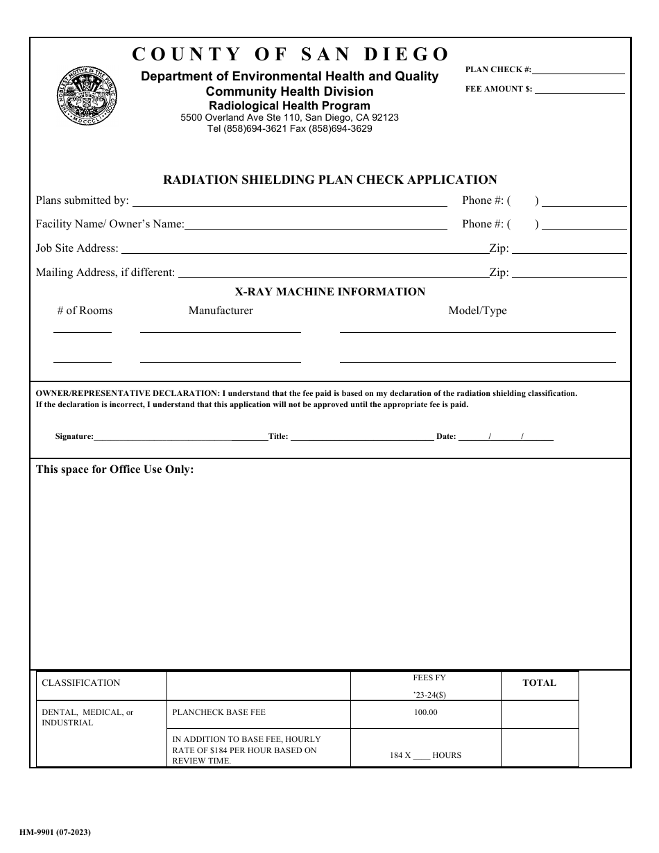 Form HM-9901 Radiation Shielding Plan Check Application - County of San Diego, California, Page 1