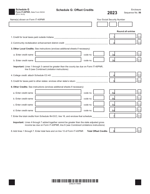 Form IT-40PNR (State Form 54034) Schedule G 2023 Printable Pdf