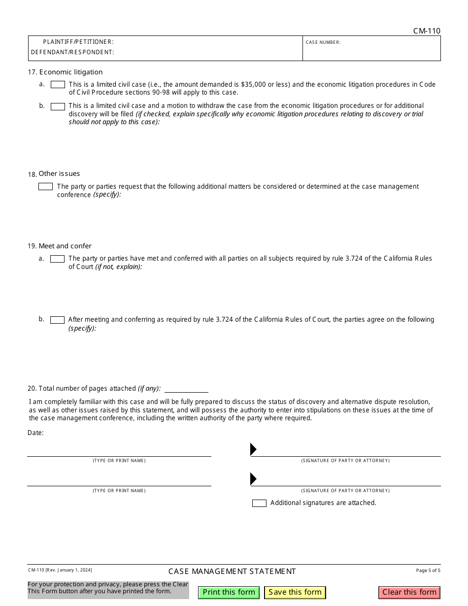 Form CM-110 Case Management Statement - California, Page 5