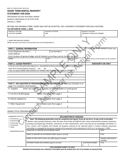 Form BOE-571-STR Short Term Rental Property Statement - California, 2024