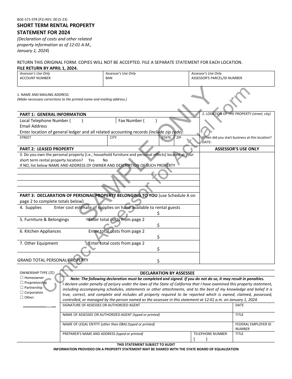 Form BOE-571-STR Short Term Rental Property Statement - California, Page 1