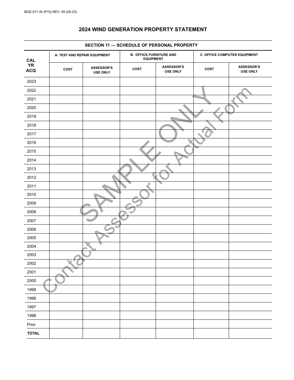 Form BOE-571-W Wind Generation Property Statement - Sample - California, Page 10