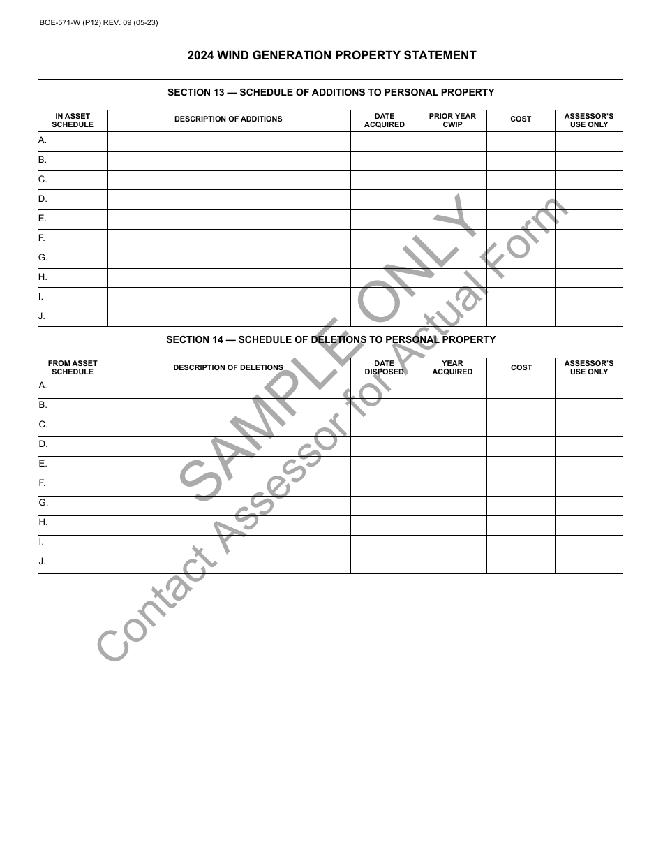 Form BOE-571-W Wind Generation Property Statement - Sample - California, Page 12