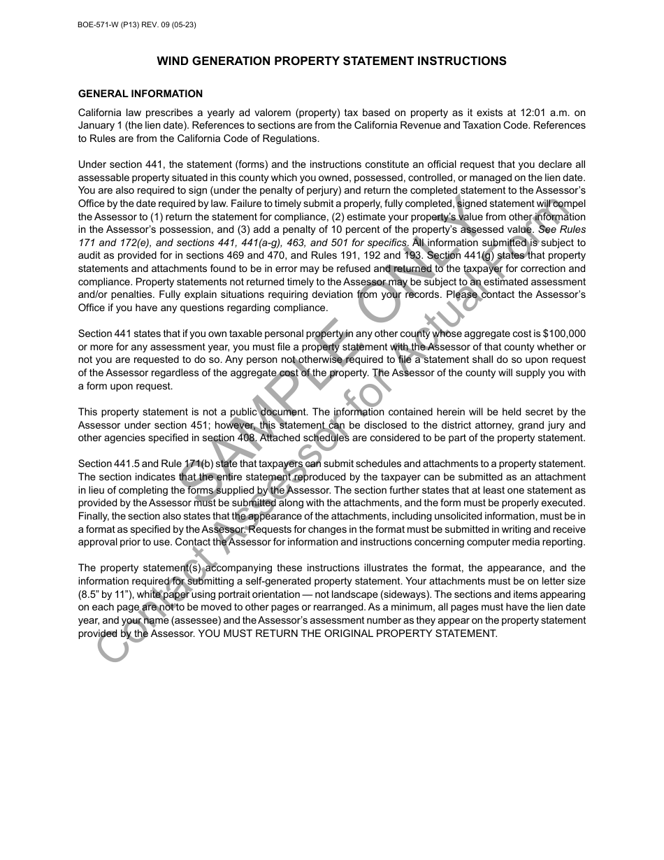 Form BOE-571-W Wind Generation Property Statement - Sample - California, Page 13