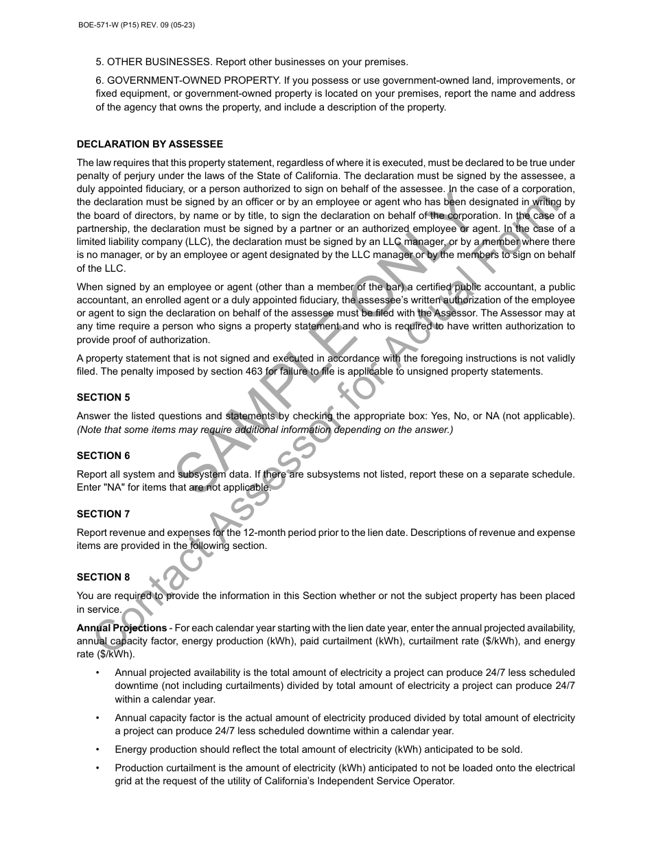 Form BOE-571-W Wind Generation Property Statement - Sample - California, Page 15