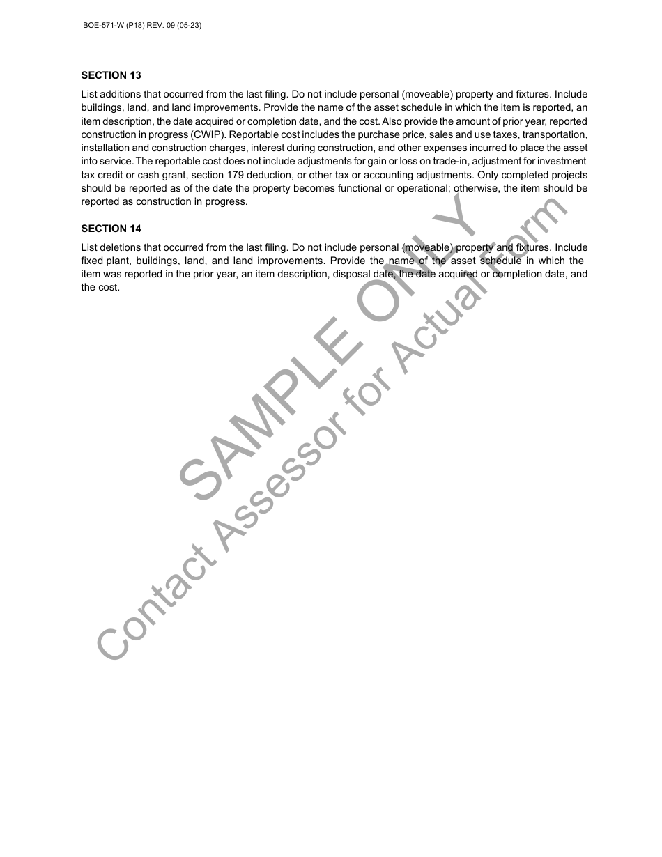 Form BOE-571-W Wind Generation Property Statement - Sample - California, Page 18