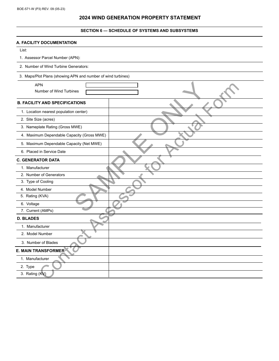 Form BOE-571-W Wind Generation Property Statement - Sample - California, Page 3