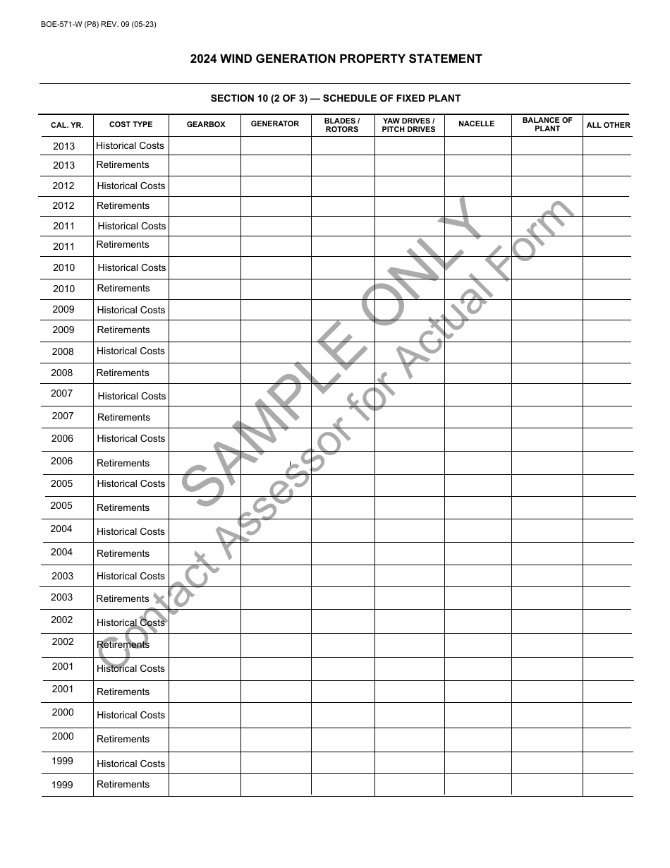 Form BOE-571-W Wind Generation Property Statement - Sample - California, Page 8