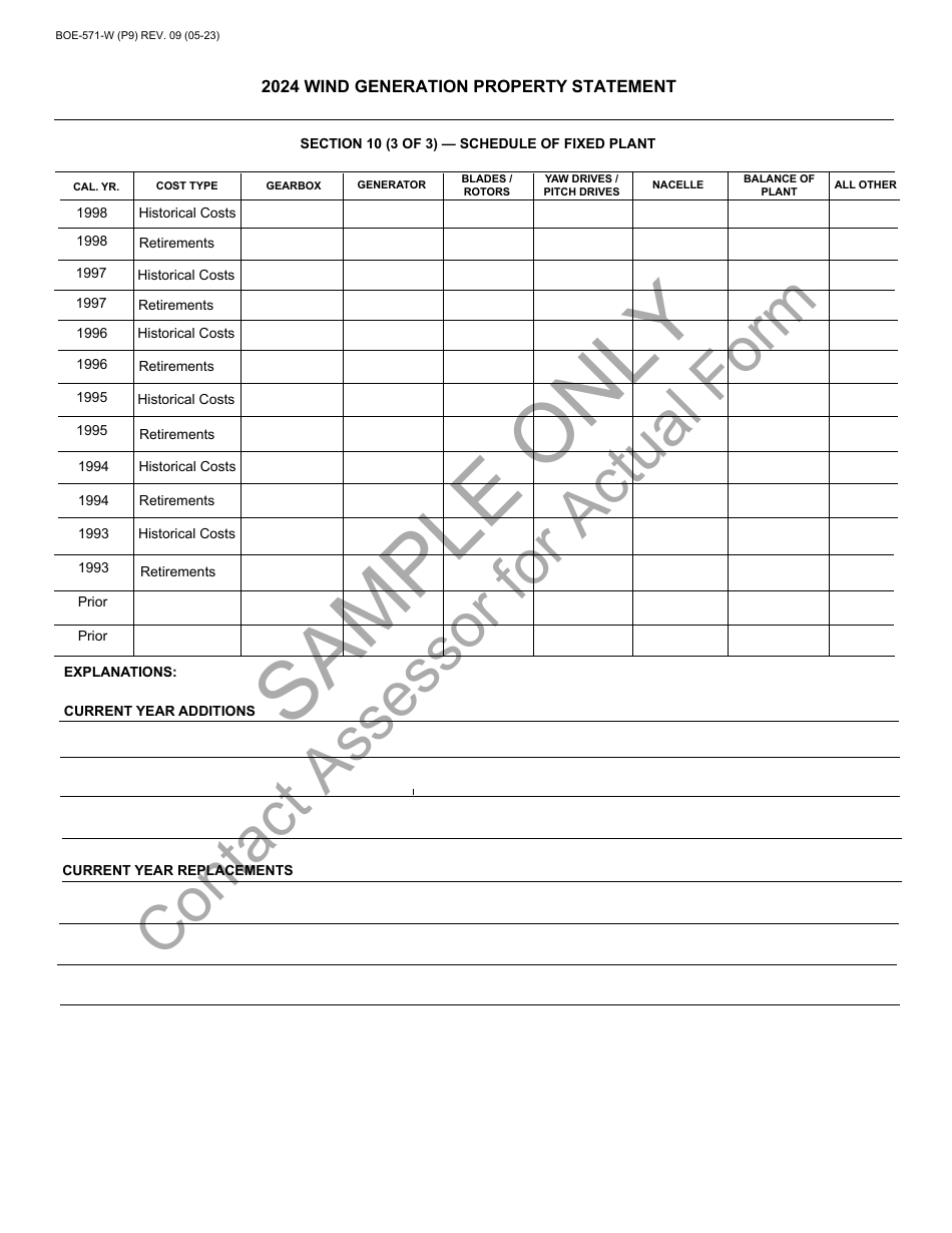 Form BOE-571-W Wind Generation Property Statement - Sample - California, Page 9