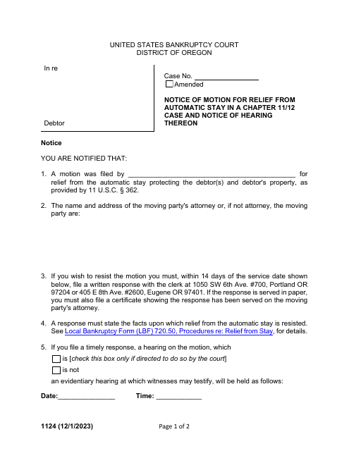 Form 1124 Notice of Motion for Relief From Automatic Stay in a Chapter 11/12 Case and Notice of Hearing Thereon - Oregon