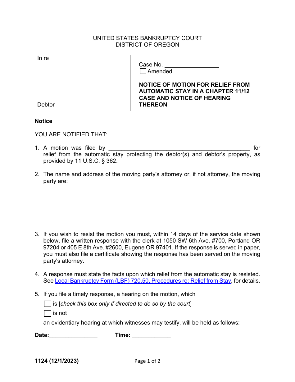 Form 1124 Download Fillable PDF Or Fill Online Notice Of Motion For   Form 1124 Notice Of Motion For Relief From Automatic Stay In A Chapter 11 12 Case And Notice Of Hearing Thereon Oregon Print Big 