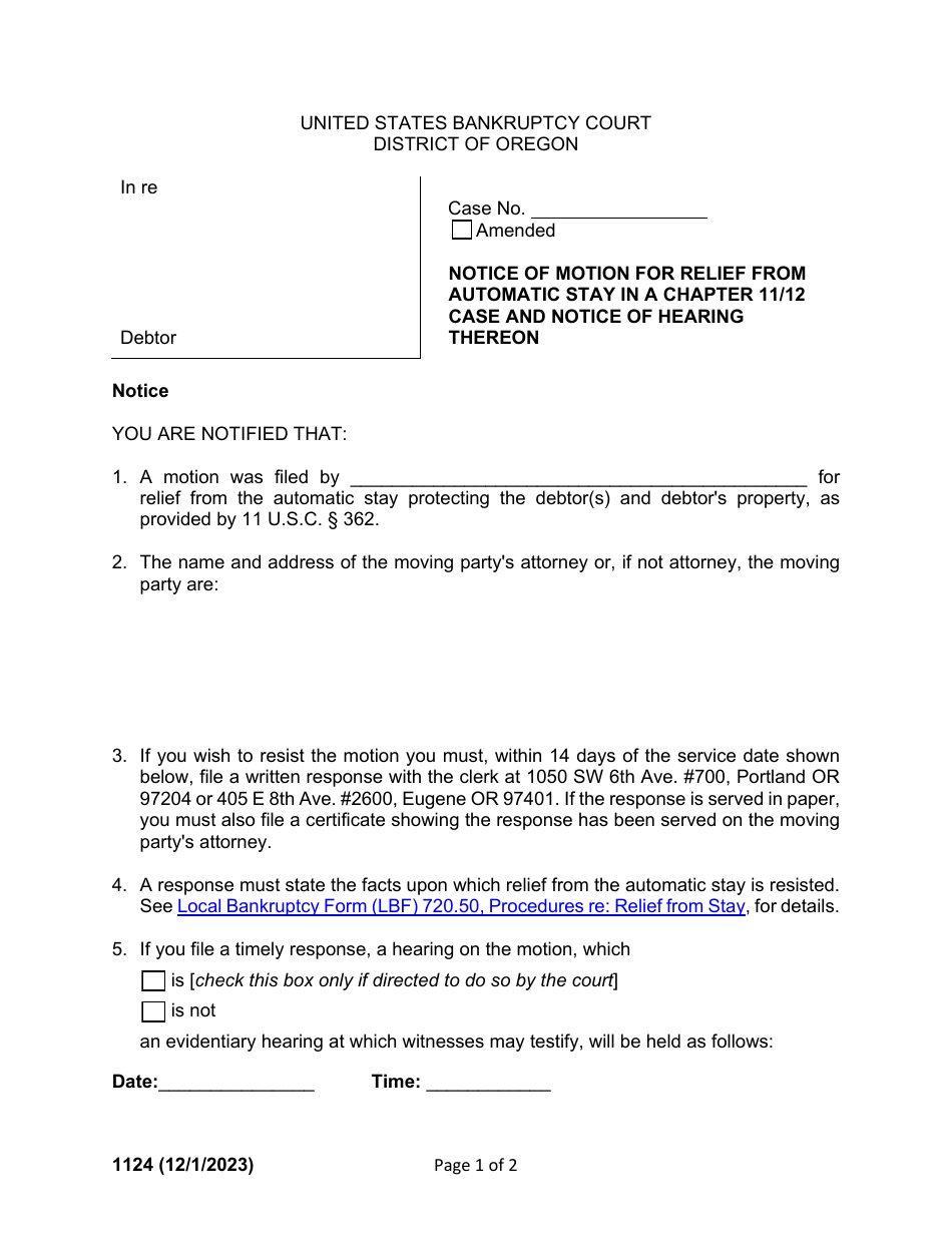 Form 1124 Notice of Motion for Relief From Automatic Stay in a Chapter 11 / 12 Case and Notice of Hearing Thereon - Oregon, Page 1
