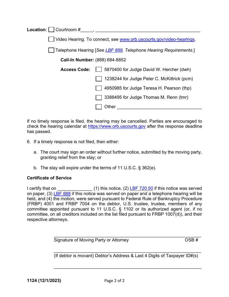 Form 1124 Notice of Motion for Relief From Automatic Stay in a Chapter 11 / 12 Case and Notice of Hearing Thereon - Oregon, Page 2